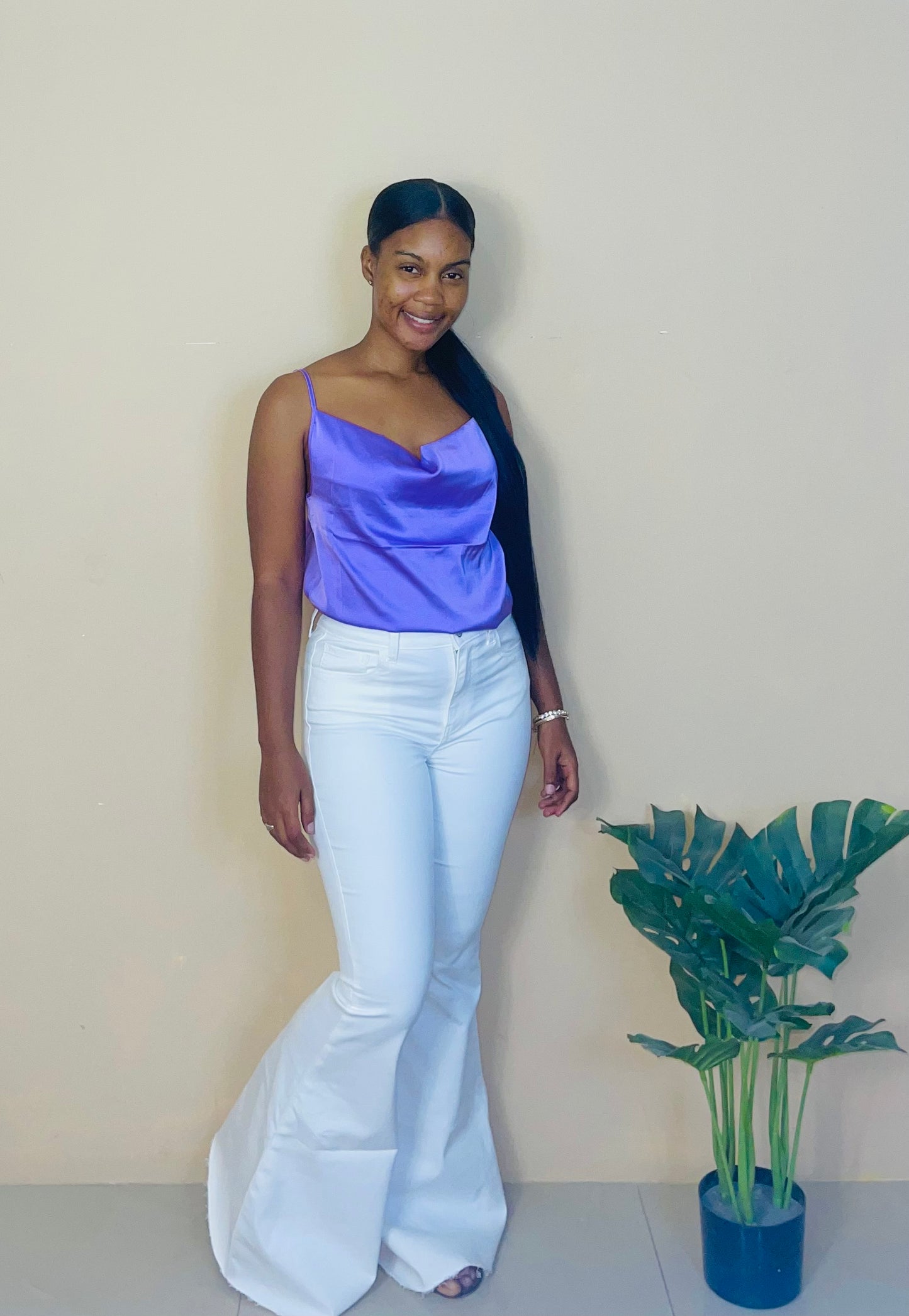 Satin top & Flare denim pants set