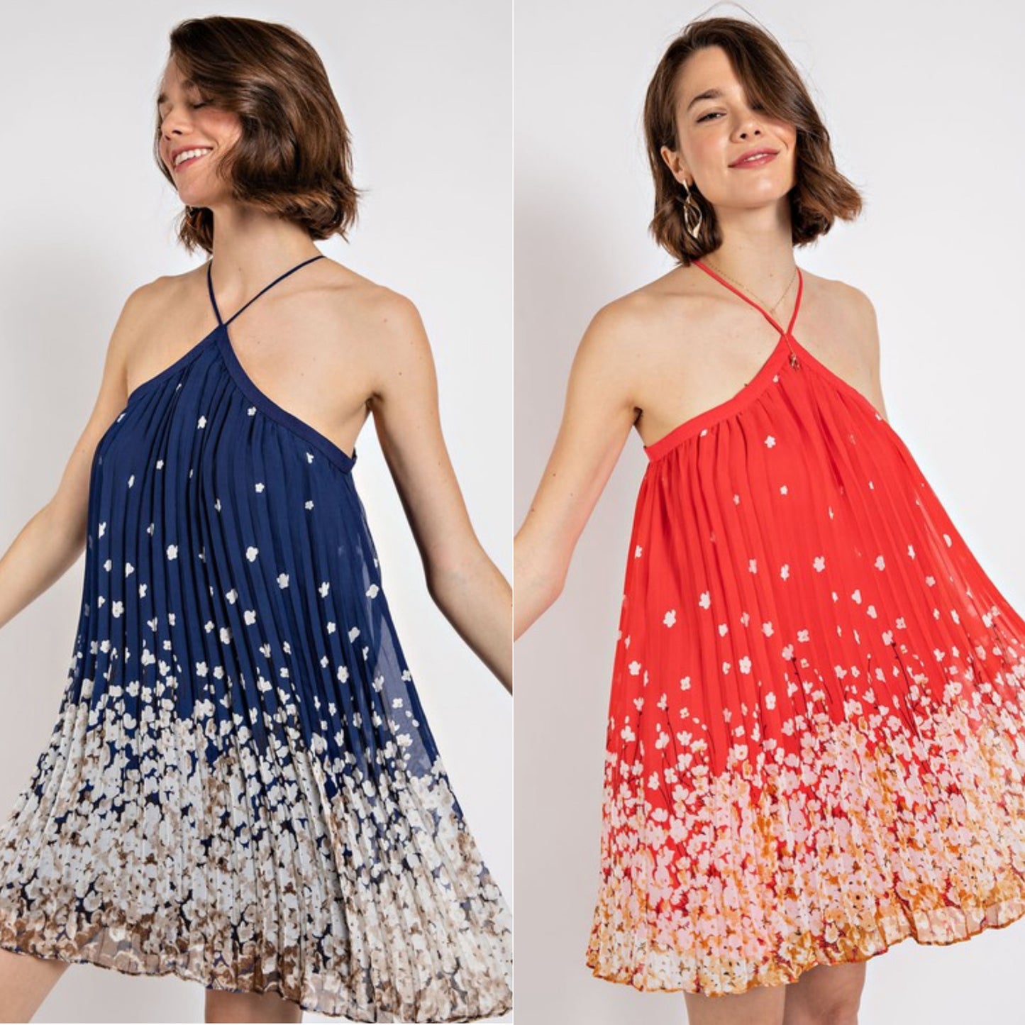 Floral pleated halter neck dress