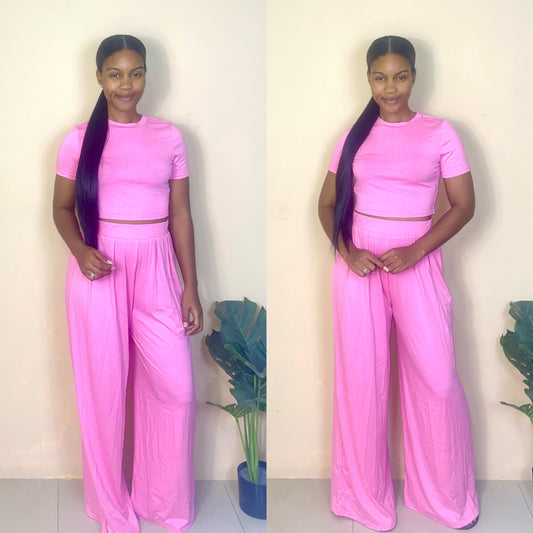 Pink crop top and wide leg pants set