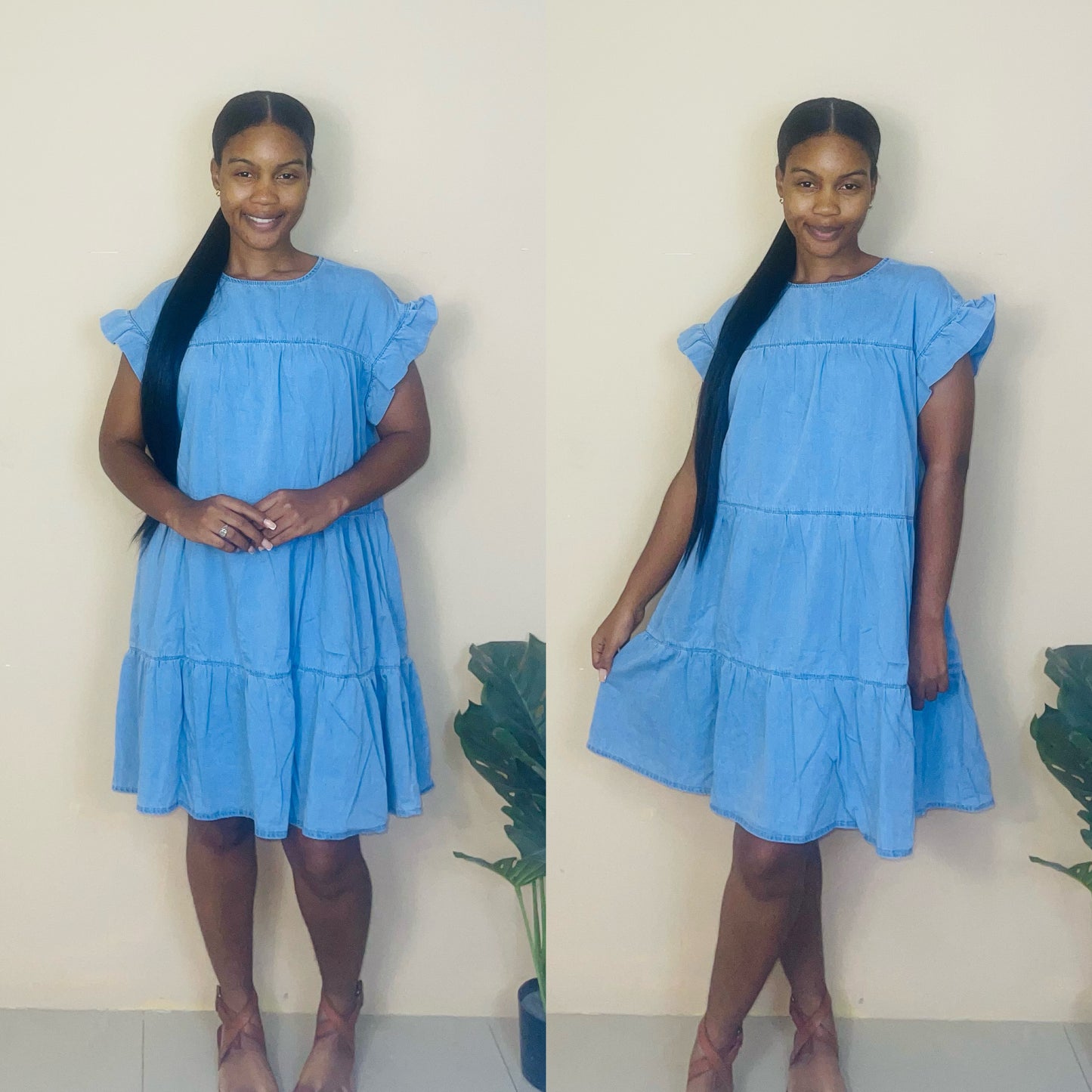 Ruffle shirt sleeve A-line denim dress