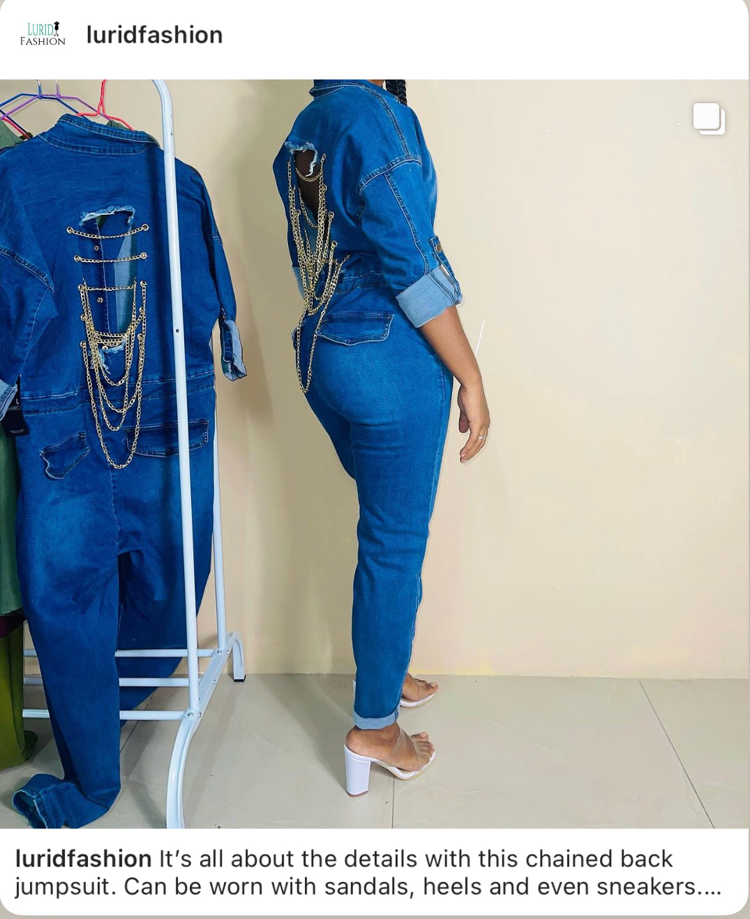 Chain back denim jumpsuit