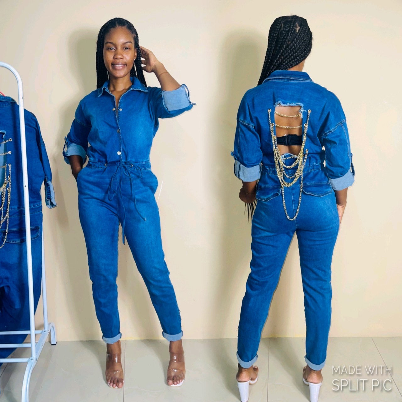 Chain back denim jumpsuit