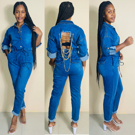 Chain back denim jumpsuit