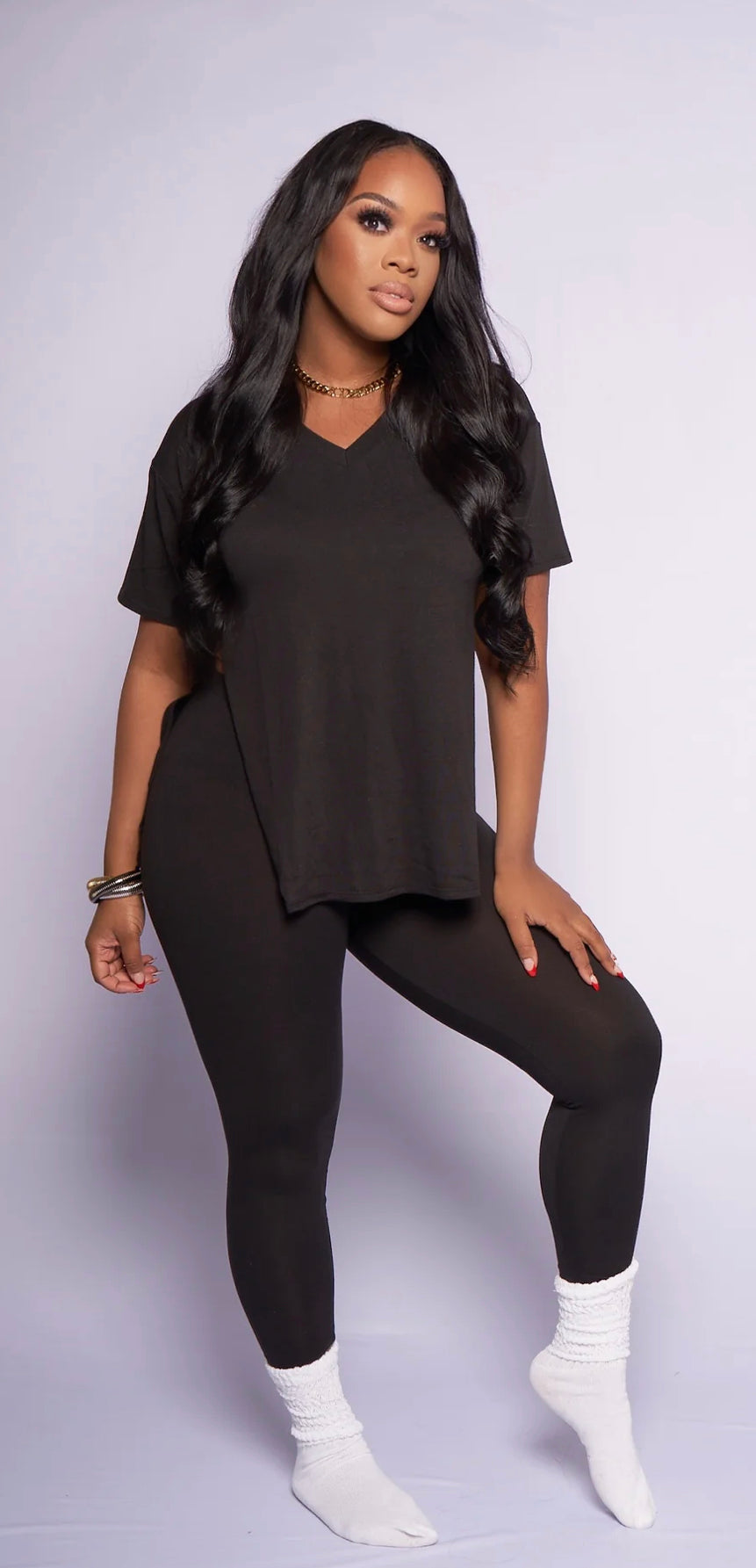 Oversized top leggings set with high side slit