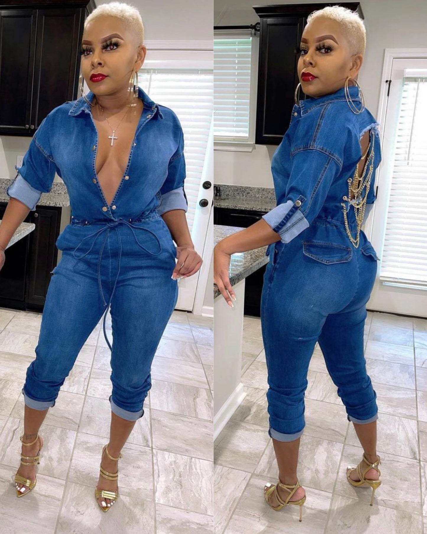 Chain back denim jumpsuit